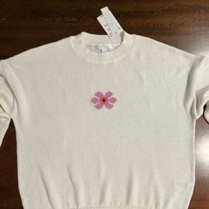 Abound - White Cotton Knit Sweater with Flower - Size Medium